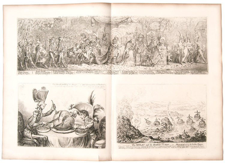 original James Gillray etchings The First Kiss these Ten Years! or, The Meeting of Britannia and Citizen FrancoiseA Phantasmagoria;_ Scene: Conjuring up an Armed Skeleton